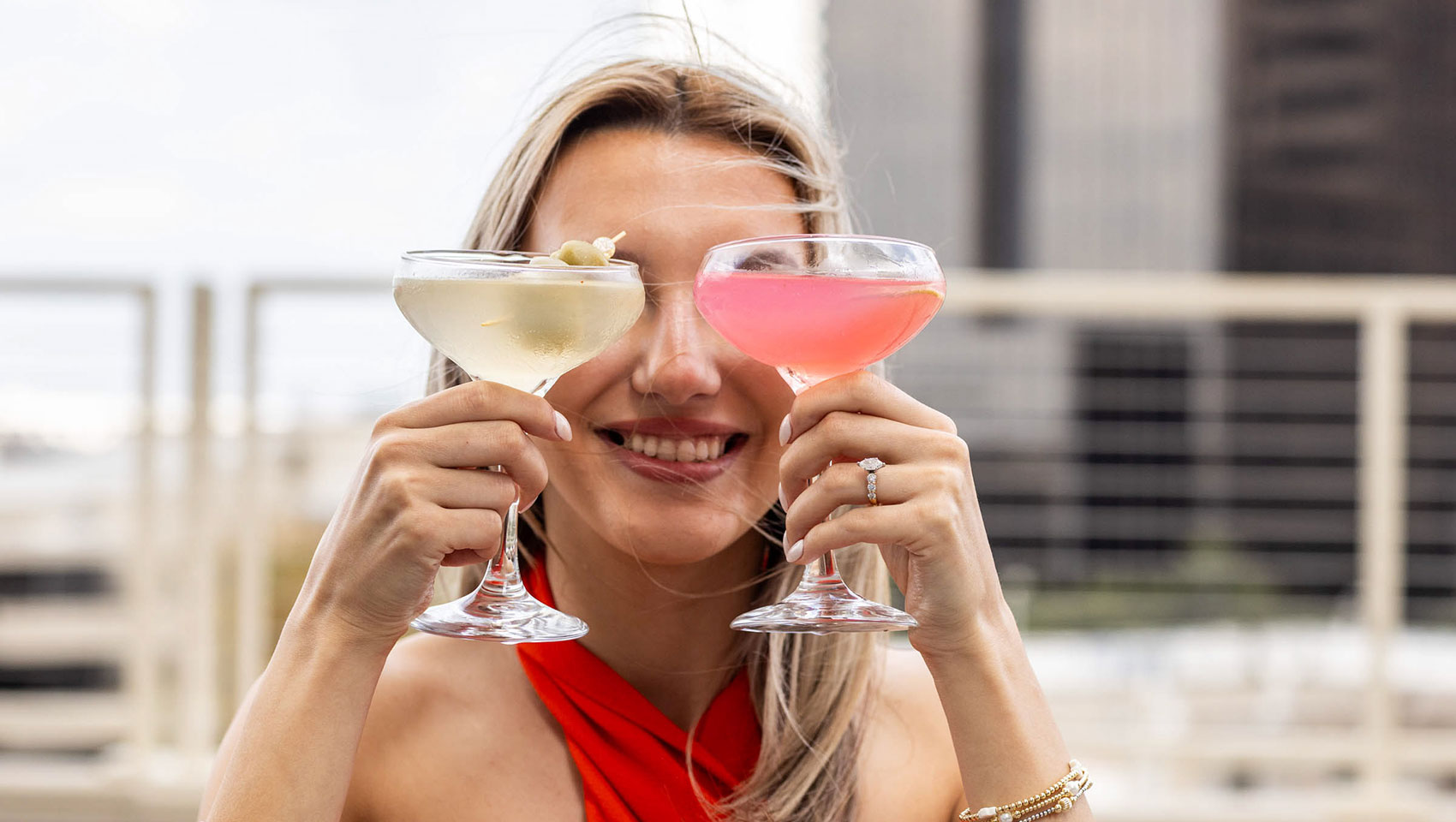 woman with martinis at high praise